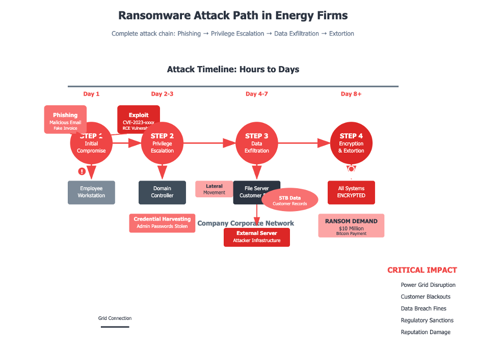 EASM Best Practices for the Energy Sector 2 Diagram showing the full ransomware attack path in energy firms from phishing to data exfiltration and extortion