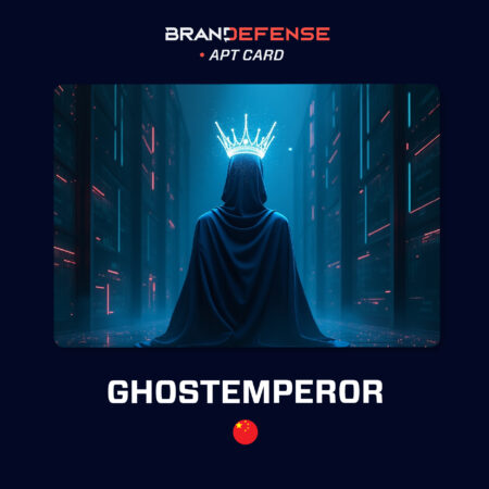 Illustration of GhostEmperor APT with a hooded figure wearing a digital crown symbolizing cyber espionage and stealth operations.