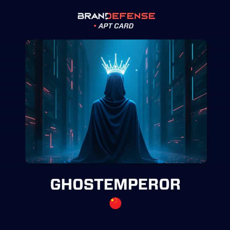 Illustration of GhostEmperor APT with a hooded figure wearing a digital crown symbolizing cyber espionage and stealth operations.