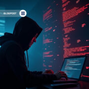 A cybercriminal using a laptop with red code reflected on the wall, symbolizing leaked credentials and ransomware activity