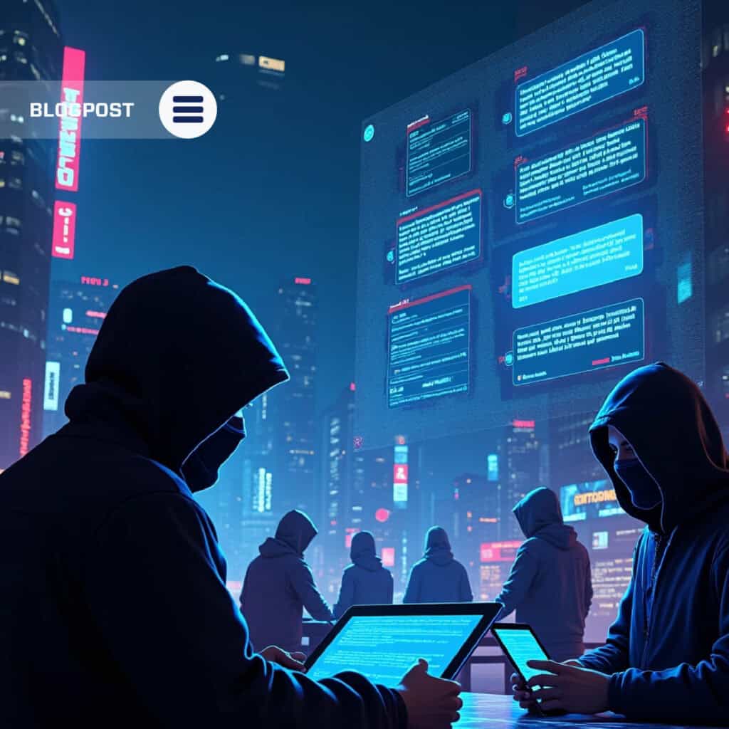 Hacker silhouettes analyzing digital data in a futuristic cityscape at night.