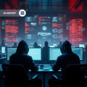 Threat actors using computers in a dark room with cybercrime forum data on large screens.