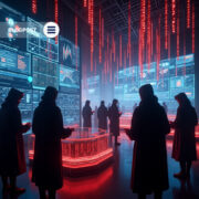 Threat actors in a cyber operations room analyzing dark web marketplace activity and geopolitical cyber risks