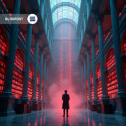 A silhouette standing in a futuristic academic library surrounded by red data streams, symbolizing darkweb breach activity in the education sector.