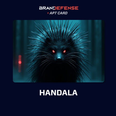 Blog 2 Illustration of Handala APT group represented as a dark porcupine with glowing red eyes used in Brandefense threat intelligence card.