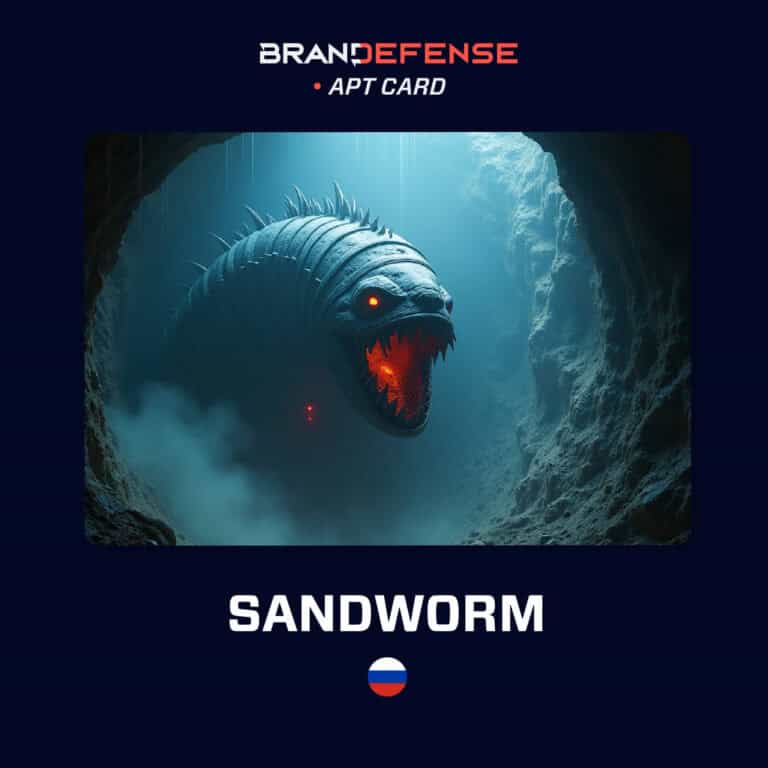 AI-rendered depiction of Sandworm APT44 as a cyber-themed worm emerging from a tunnel, used in Brandefense threat intelligence visuals.