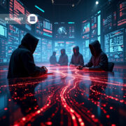 Hackers in a cyber operations room analyzing dark web data markets and illicit trade trends.