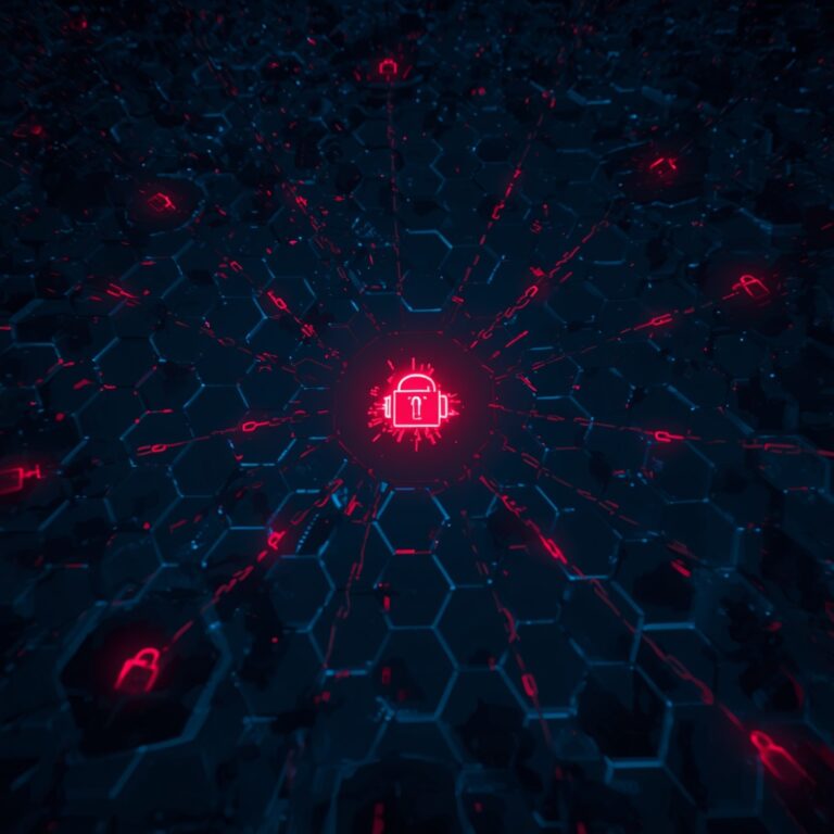 Digital cybersecurity concept with lock icon and hexagonal network design.