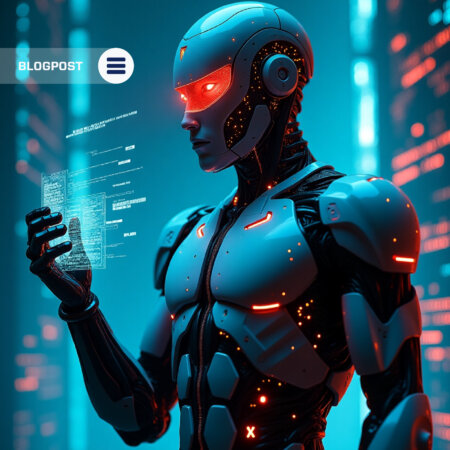 Futuristic cyber intelligence robot analyzing code, representing the React2Shell (CVE-2025-55182) Day 5 exploitation landscape.