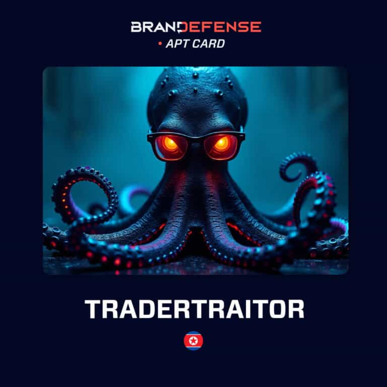 Illustration of an octopus with glowing red eyes and glasses representing the TraderTraitor APT group, a North Korea–linked Lazarus subgroup targeting crypto and blockchain companies.