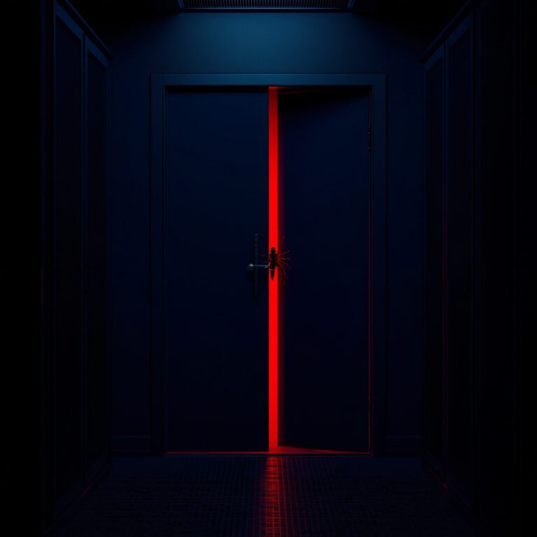 Secure dark door with red light and lock, symbolizing cybersecurity and protection.