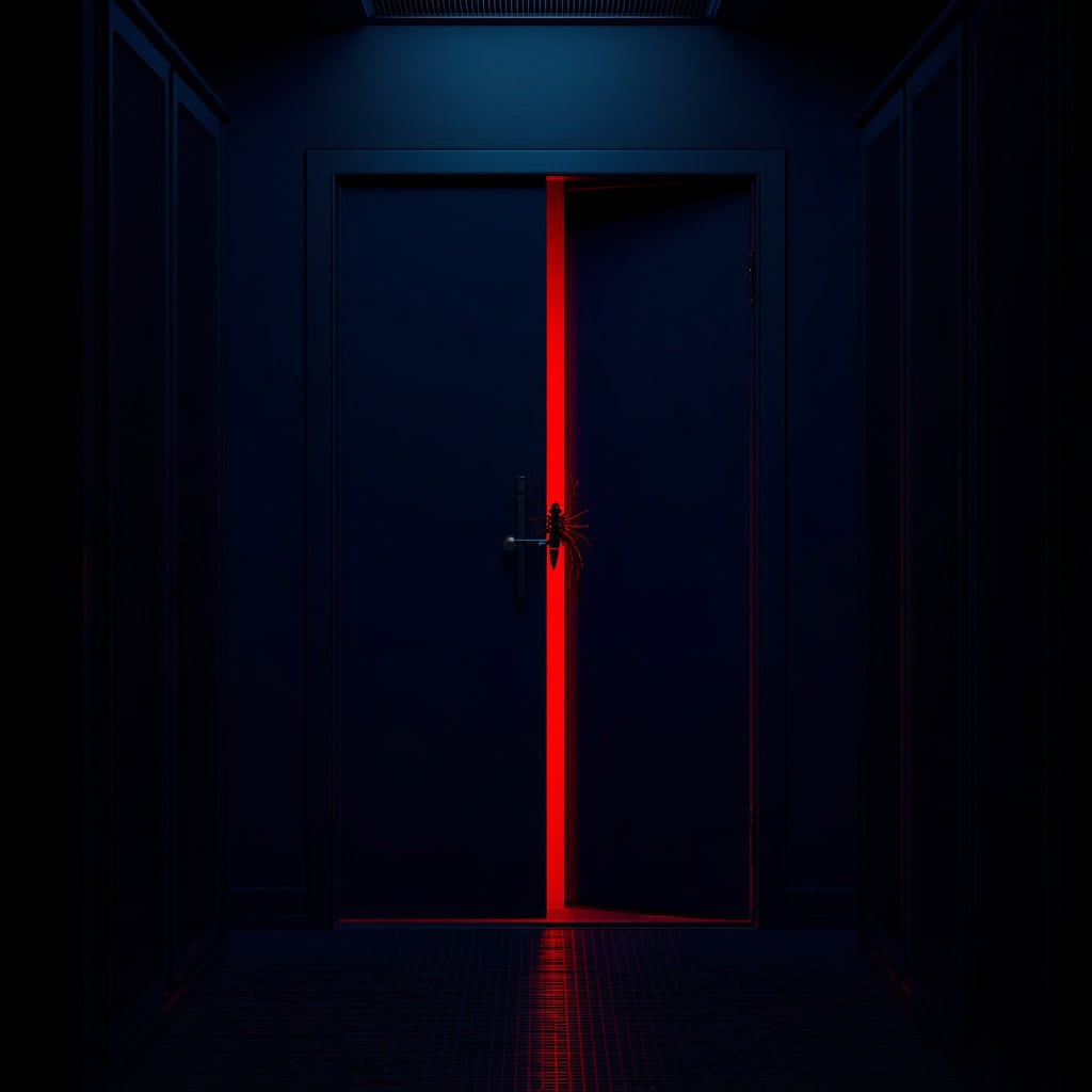 Secure dark door with red light and lock, symbolizing cybersecurity and protection.