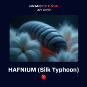 HAFNIUM Silk Typhoon APT group profile card showing China-aligned cyber espionage actor targeting enterprise infrastructure