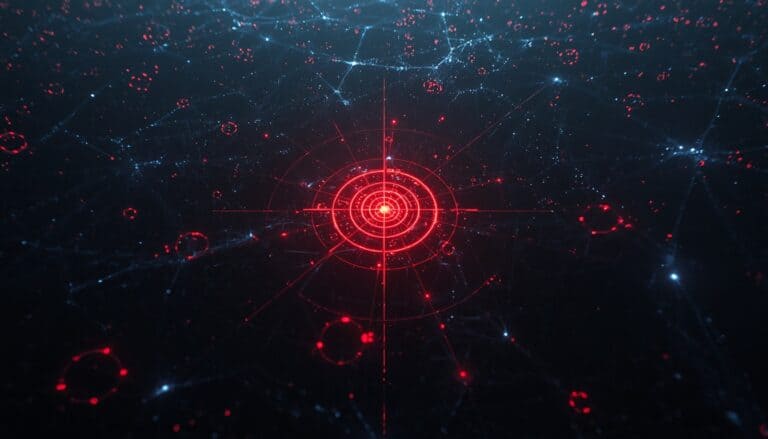 Digital network security with interconnected nodes and glowing data points.