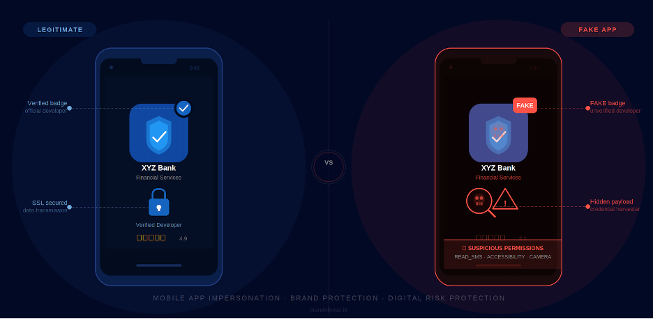 Fake Mobile App: How Is Your Clone on the App Store Stealing Your Users? 1 Comparison of real and fake mobile app interfaces showing hidden threats