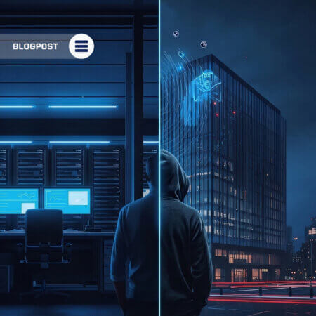 Cybersecurity concept showing a hacker observing a corporate building representing an attacker’s perspective of external attack surface exposure.