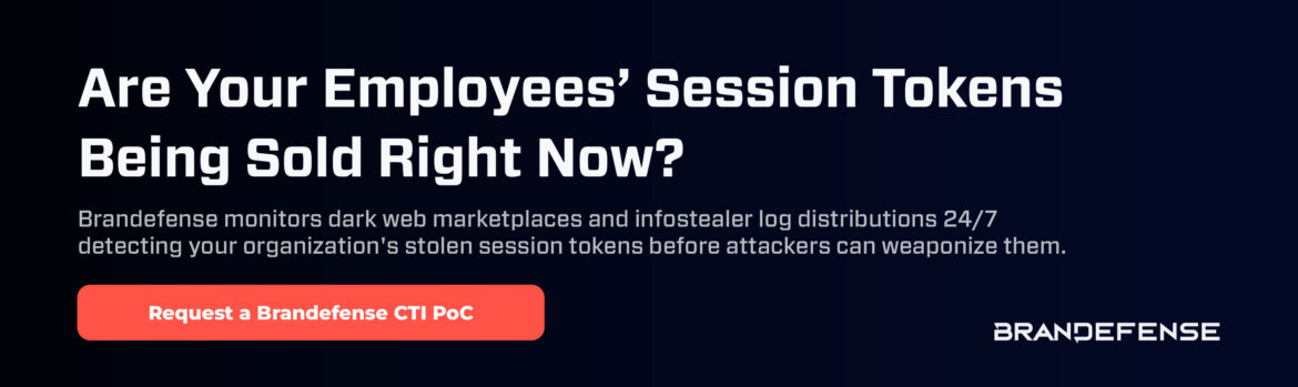 MFA Doesn't Protect You — Cookies Give You Away: The Rise of Session Hijacking 2 Are your employees session tokens being sold on the dark web Brandefense CTI monitoring banner