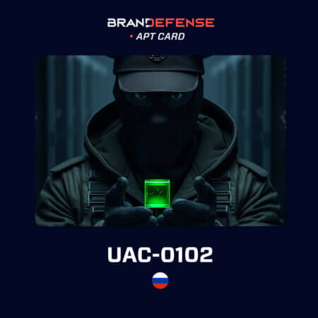 UAC-0102 APT group cyber espionage operator holding malware cube representing stealth attack techniques