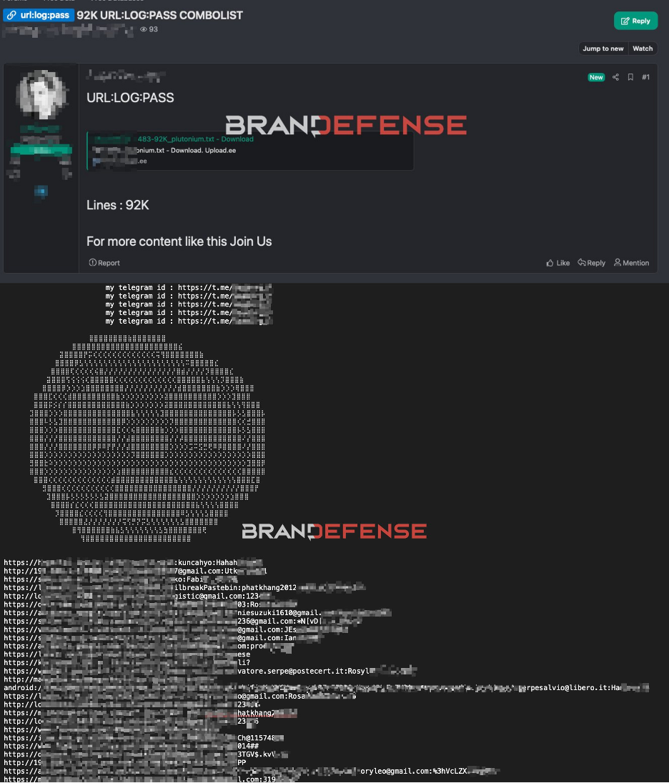 Example of stolen credentials being shared as URL log pass combolist on dark web forums