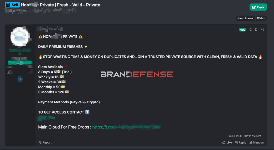 Dark web marketplace post selling fresh private credential logs and combolists