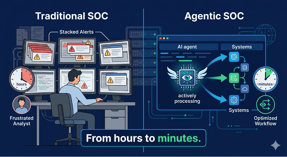 Comparison between traditional SOC analysts handling alerts manually and Agentic AI SOC automating security operations