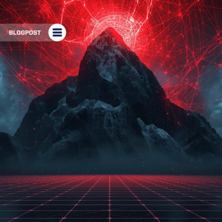Futuristic mountain surrounded by red digital network signals representing rising cyber threats and AI-powered cybersecurity defense
