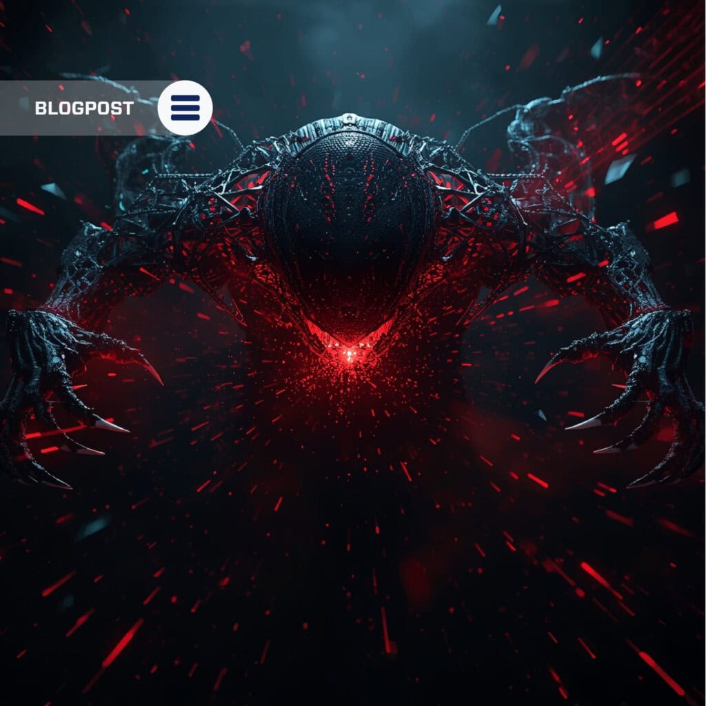 Dark AI-powered attacker representing autonomous cyber threats targeting enterprise organizations with agentic AI.