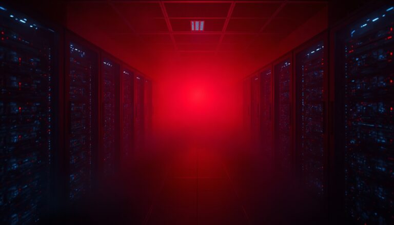 Modern data center with server racks illuminated by red lighting, emphasizing cybersecurity and data.
