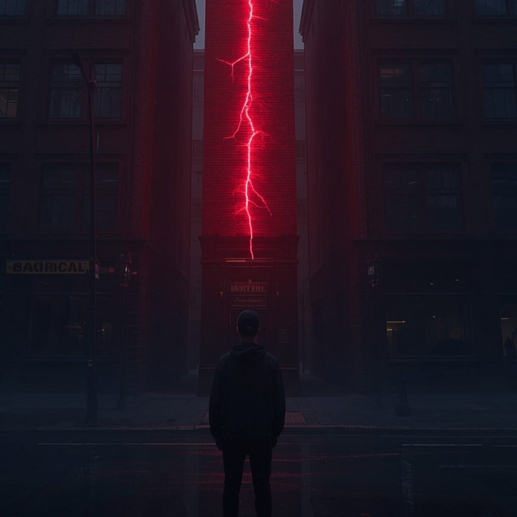 Red lightning striking between buildings symbolizing a lookalike domain attack targeting a trusted brand.