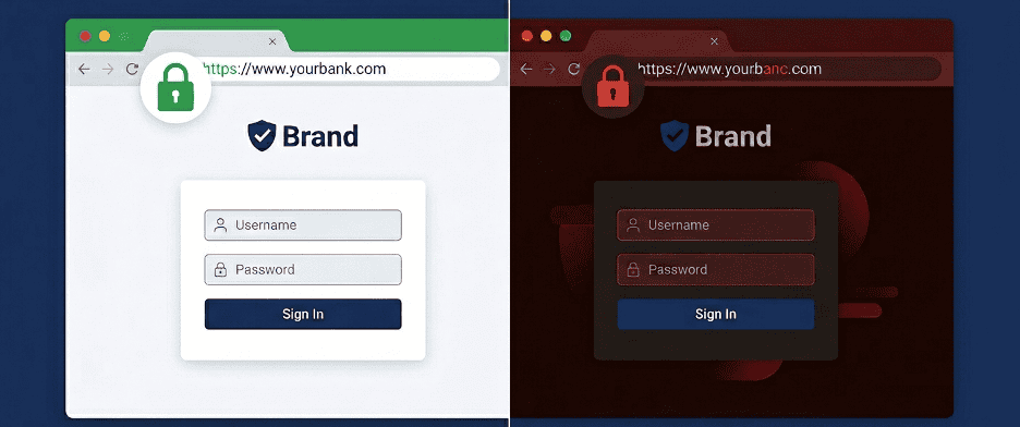Lookalike Domains: How a Single Character Difference Becomes a Brand's Worst Nightmare 1 Comparison of a legitimate login page and a lookalike phishing domain showing a single-character URL difference.