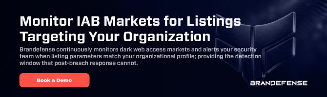 Dark web monitor dashboard showing IAB market listings and alerts.