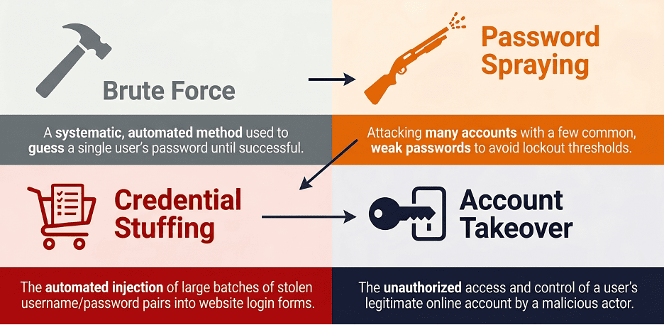 Comparison diagram illustrating Brute Force, Password Spraying, Credential Stuffing, and Account Takeover (ATO), showing how different identity attacks relate to each other.