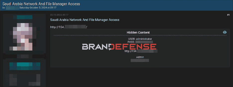 Screenshot of Saudi Arabia Network and File Manager Access on dark web.