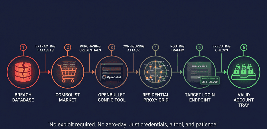 Account takeover lifecycle showing how attackers use breach databases, combolists, OpenBullet, residential proxies, and credential stuffing to gain access to corporate accounts.
