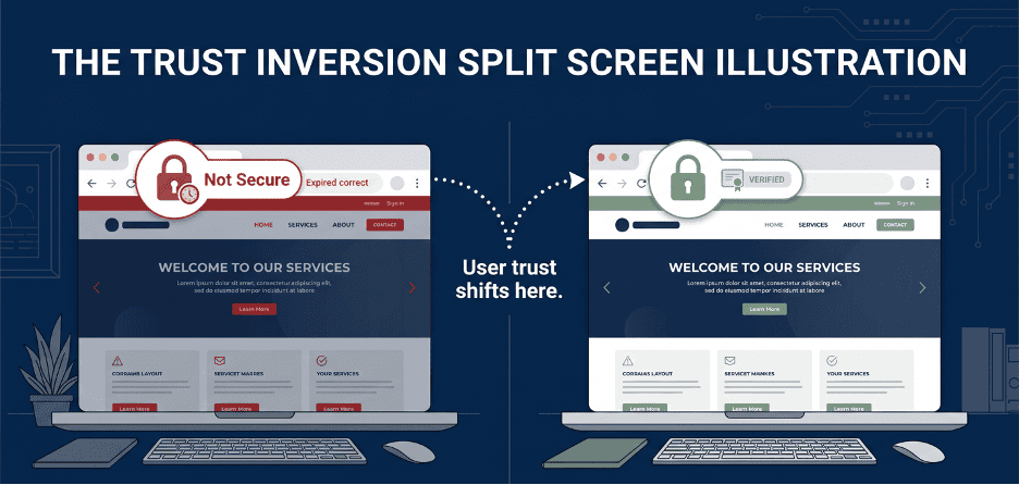 Comparison between an expired SSL certificate on a legitimate website and a phishing domain using a valid TLS certificate.