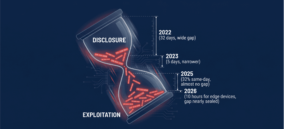 Hourglass visualization showing the shrinking disclosure-to-exploit window between 2022 and 2026.