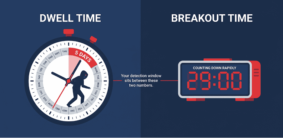 Comparison between five-day dwell time and 29-minute breakout time in enterprise cyber attacks.