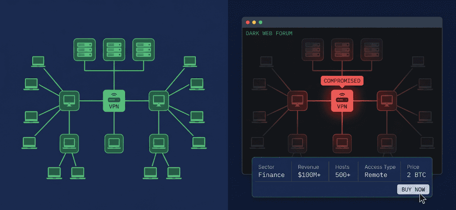Illustration comparing a corporate network with its representation as an Initial Access Broker listing on a dark web marketplace.