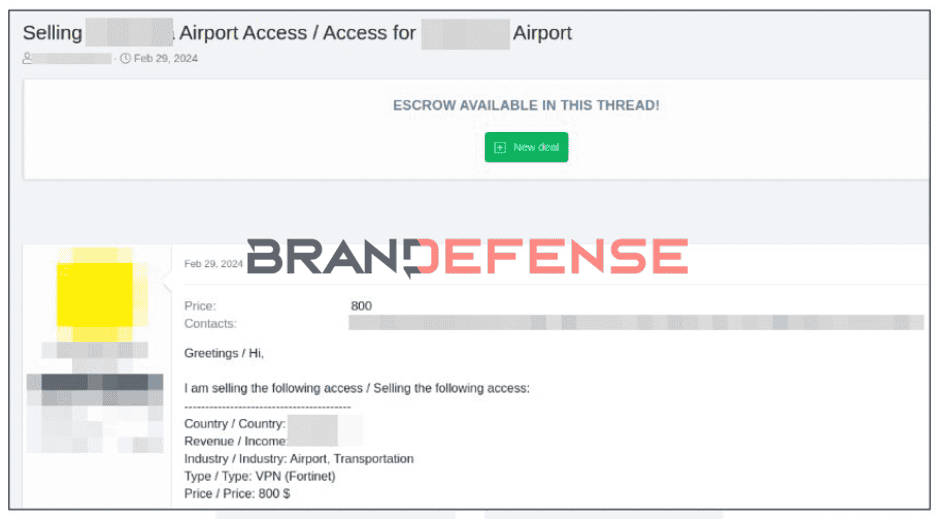 Screenshot of a digital transaction for airport access sale on Brandefense.io.