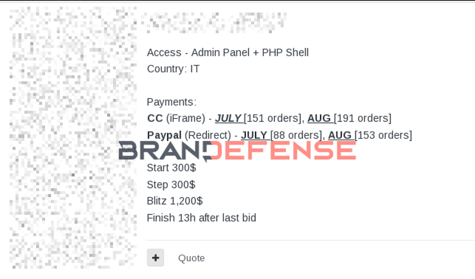 Screenshot of Brandefense admin panel with payment and order details.
