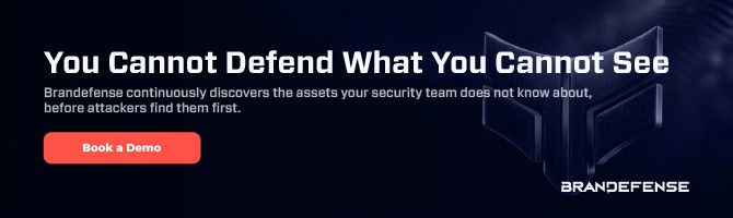 Brandefense cybersecurity platform showing asset discovery and threat detection.