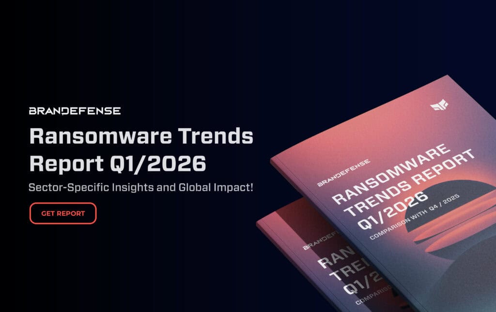 Cover of Ransomware Trends Report Q2 2026 by Brandefense with cybersecurity theme.