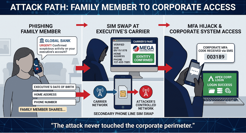 Family member cyber attack path showing phishing, SIM swap, and corporate access.