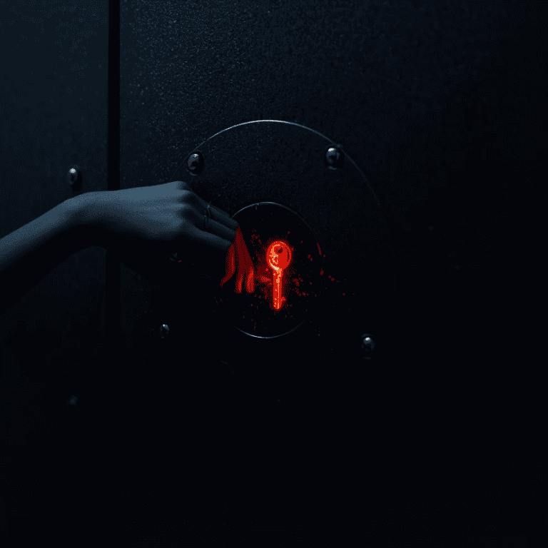 Hand unlocking a secure digital lock with a glowing red keyhole.