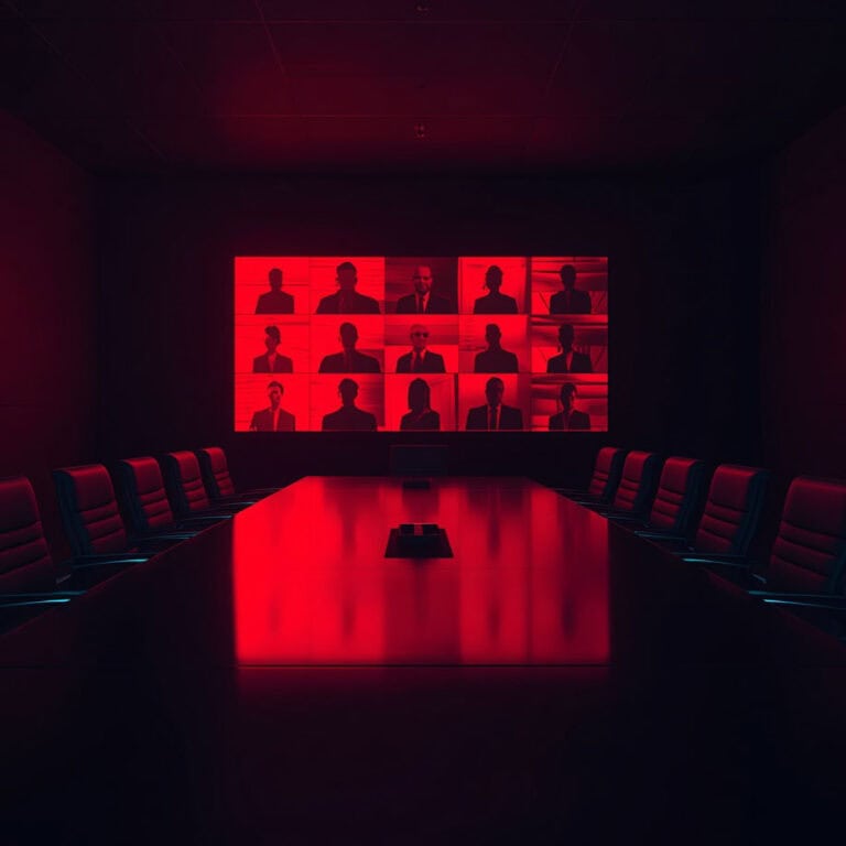 Empty boardroom lit in red with a screen showing a deepfake video call grid of synthetic executives