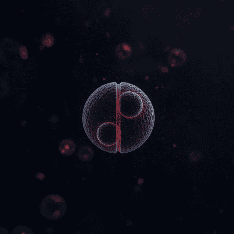 Digital representation of an artificial cell with interconnected spheres and red highlights.