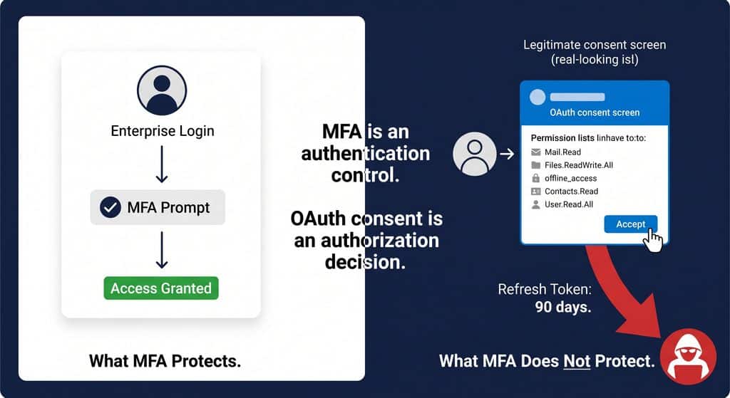 Split-screen diagram contrasting MFA authentication with OAuth consent phishing, showing an attacker exploiting a 90-day refresh token after consent approval