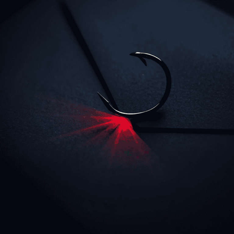 Close-up of a fishing hook with red light reflection on dark background.