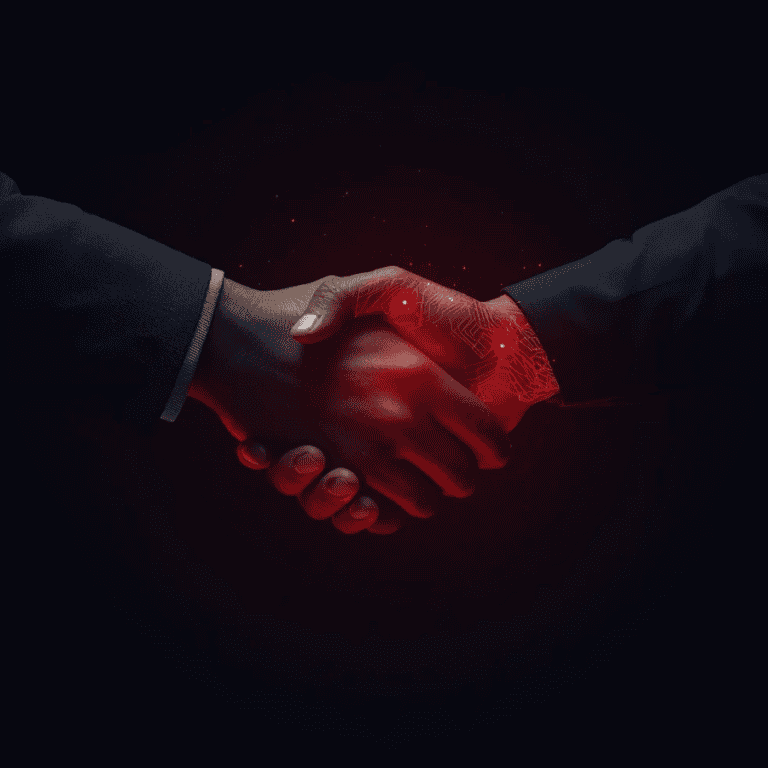 Digital handshake symbolizing cybersecurity and trust.