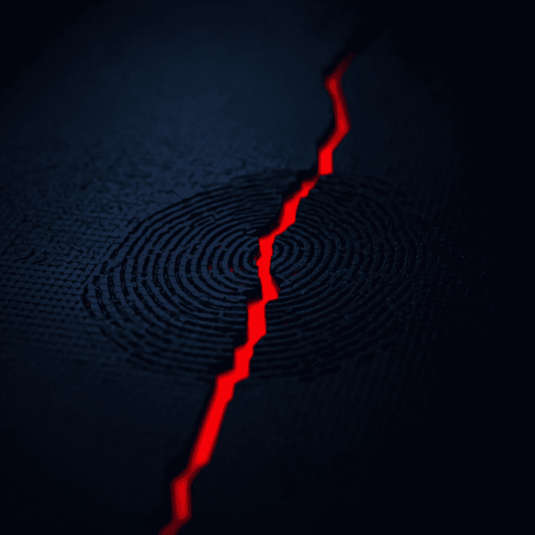 Red crack in digital fingerprint symbolizing security breach.